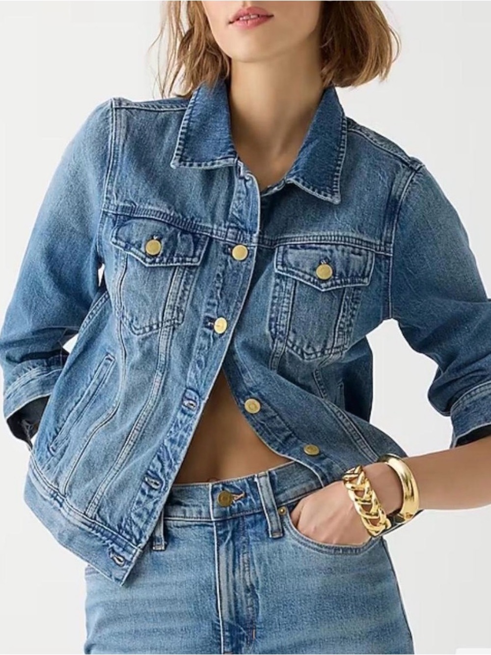 J Crew Classic Blue Denim Jacket- Blue with silver buttons